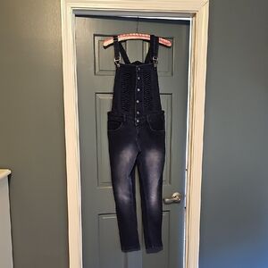 OVERALLS Jean Dark Blue Denim  Diatressed Size 32 Small Stretch Waist 30 Button